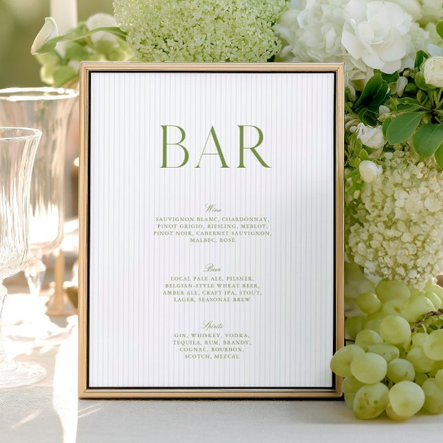 Elegant Salvia & Mjukt Blåstrimmig Bröllops Barsky (Elegant Sage & Soft Blue Stripes Wedding Bar Sign)