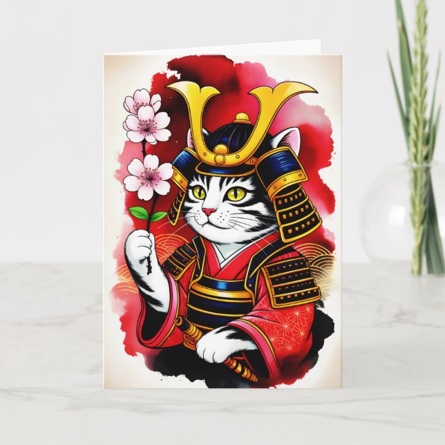  Elegant Samurai Cat Cherry for birthday, Thank Yu Kort (Framsida)