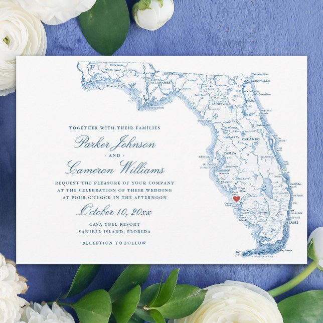 Elegant Sanibel Island Florida Karta Bröllop Inbjudningar (Elegant Sanibel Island Florida Wedding Invitations in navy blue from Coastal Map Designs)