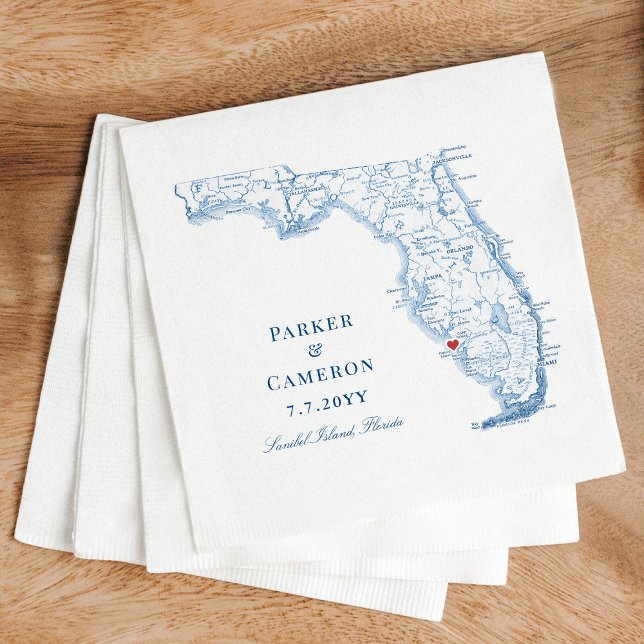 Elegant Sanibel Island Florida Karta Bröllop Pappersservett (Elegant Sanibel Island Florida map Wedding Napkins in navy blue from Coastal Map Designs)