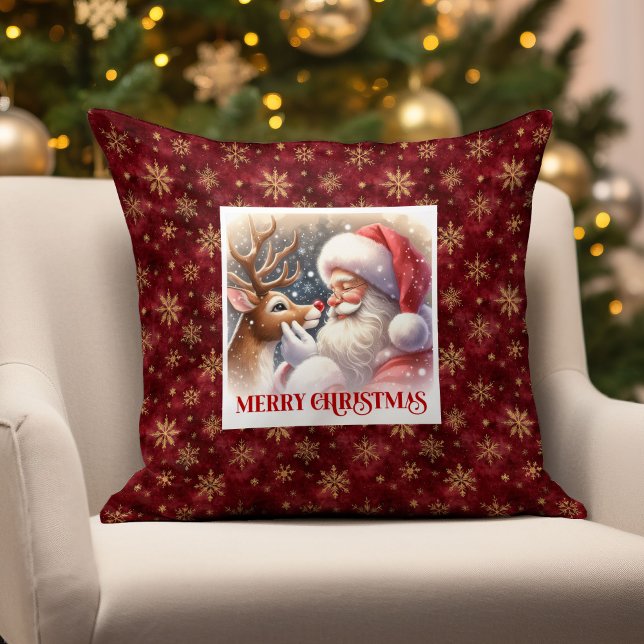 Elegant Santa Claus Rudolph Cute Classic Christmas Kudde (simple classic watercolor santa claus,
santa claus reindeer rudolph,
rudolph red nosed deer xmas,
wa)