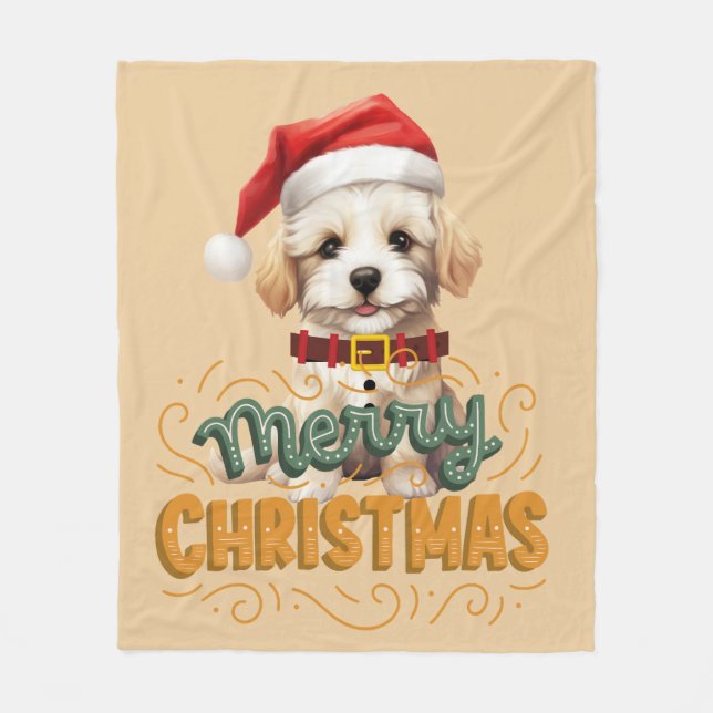 Elegant Santa hund God jul Retro Mustard Fleecefilt (Framsidan)
