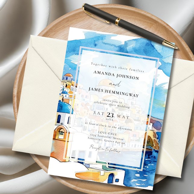 Elegant Santorini Greece Destination Blue & White Inbjudningar (Elegant Santorini-inspired wedding invitation featuring watercolor artwork of Greek architecture.)
