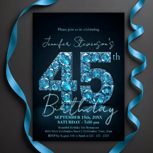 Elegant Sapphire Blue and Black 45:e födelsedagen Inbjudningar