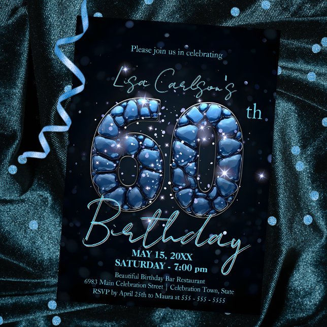 Elegant Sapphire Blue and Black 60 Birthday Inbjudningar (Skapare uppladdad)