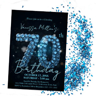 Elegant Sapphire Blue and Black 70 Birthday Inbjudningar