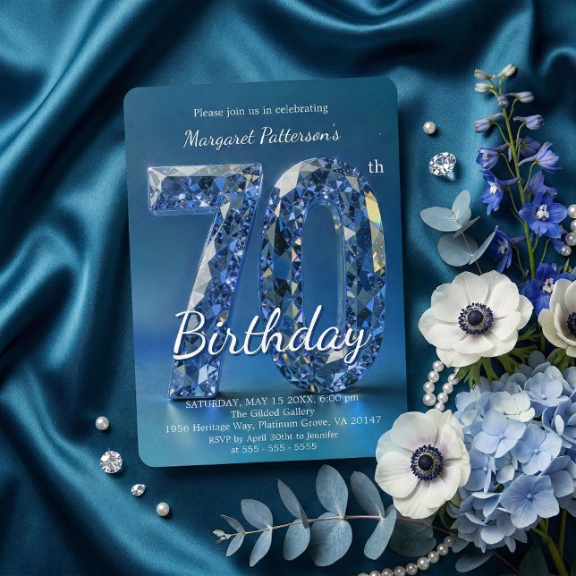 Elegant Sapphire Blue Diamond 70th Birthday Inbjudningar (Skapare uppladdad)