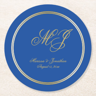 Elegant Sapphire Blue Guld Monogram-skript Bröllop Underlägg Papper Rund