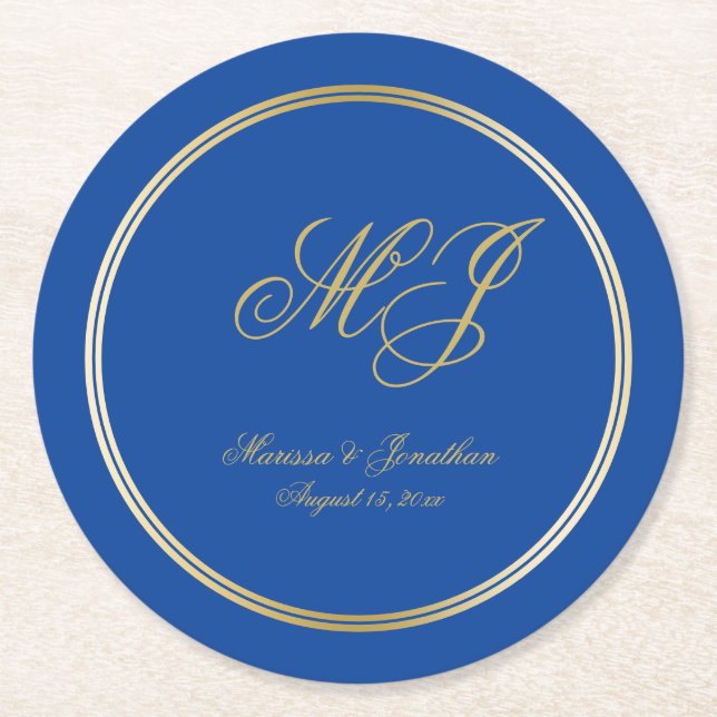 Elegant Sapphire Blue Guld Monogram-skript Bröllop Underlägg Papper Rund (Framsidan)