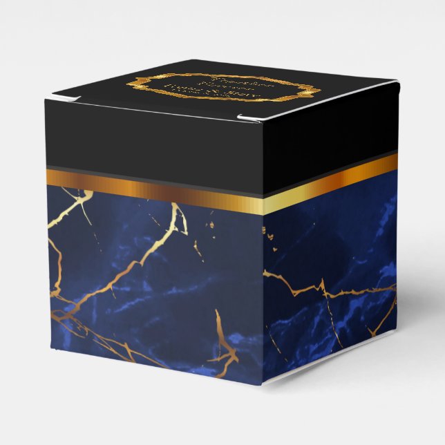 Elegant Sapphire Blue Marble and Guld Favor Box Presentaskar (Framsidan Sidan)