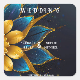 Elegant Sapphire och Guld Blommigt Bröllop Fyrkantigt Klistermärke
