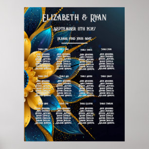 Elegant Sapphire och Guld Blommigt Bröllop Poster