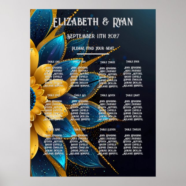 Elegant Sapphire och Guld Blommigt Bröllop Poster (Framsidan)