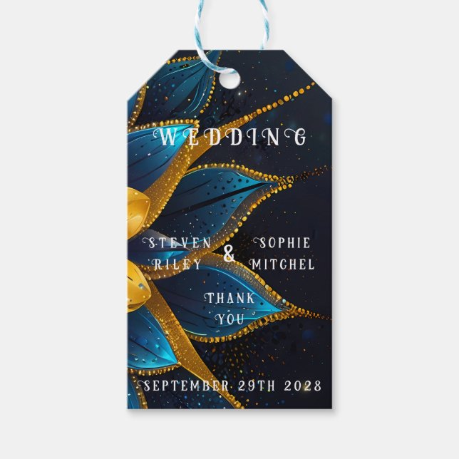 Elegant Sapphire och Guld Blommigt Bröllop Presentetikett (Framsidan)