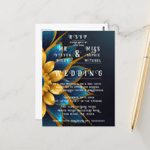 Elegant Sapphire och Guld Blommigt Bröllop Vykort