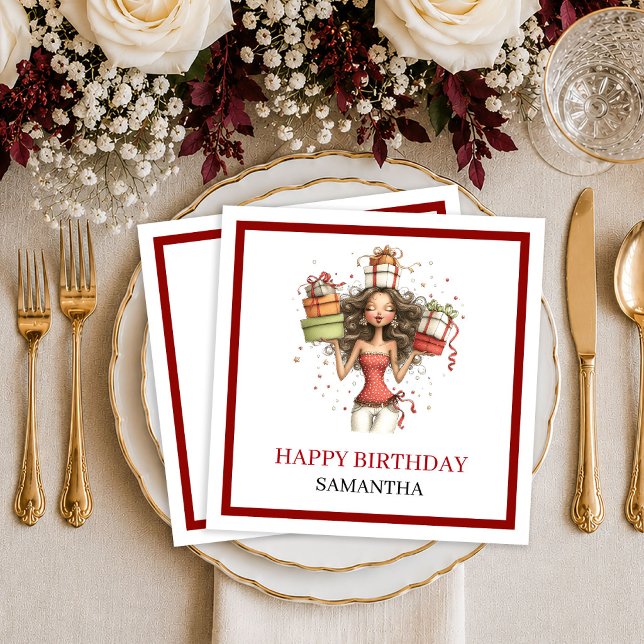 Elegant Särpräglad Kvinna Mörkröd Script Födelseda Pappersservett (Elegant Quirky Woman Deep Red Script Birthday Napkins

)