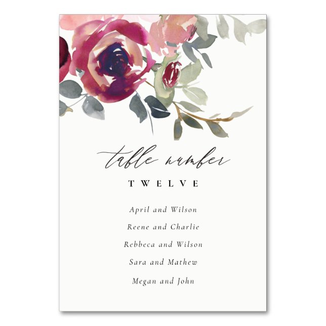 Elegant  sätesdiagram för Burgundy Ro Blommigt  Bordsnummer (Framsidan)