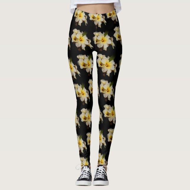 Elegant Satin Flowers on Black Leggings (Framsida)