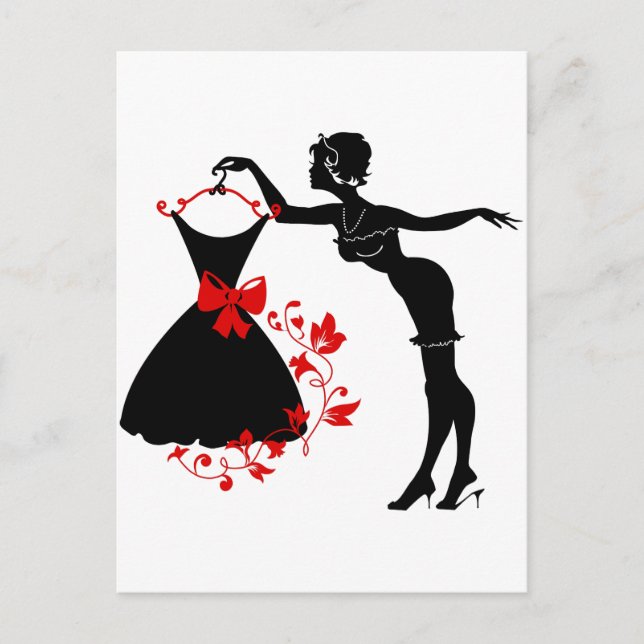 Elegant sätter upp snyggt silhouette med klänning vykort (Framsida)