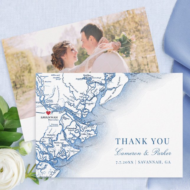 Elegant Savannah Georgia Bröllop Photo Flat Tack Kort (Elegant Savannah Georgia Wedding Photo thank you cards with navy blue map from Coastal Map Designs)