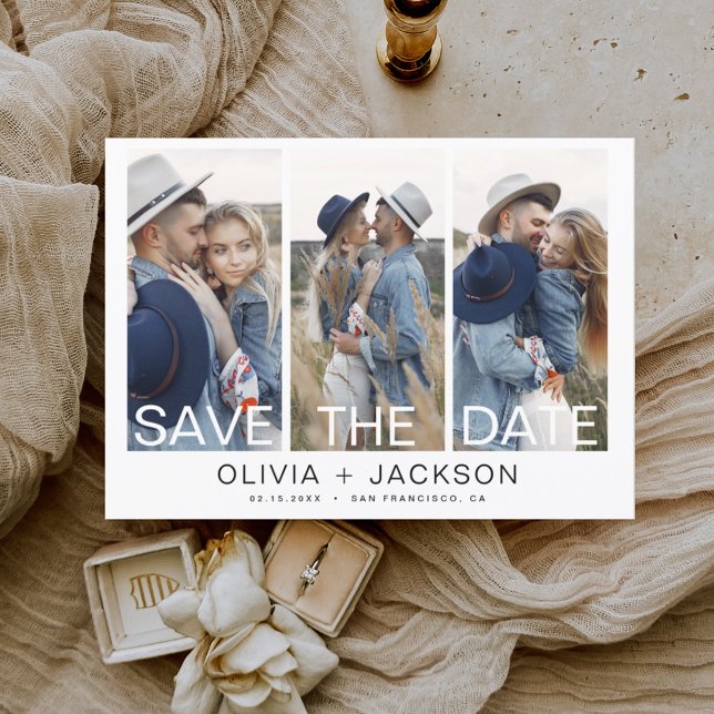 Elegant Save the Date 3 Foto Vit Bokstav  Spara Datumet (Skapare uppladdad)