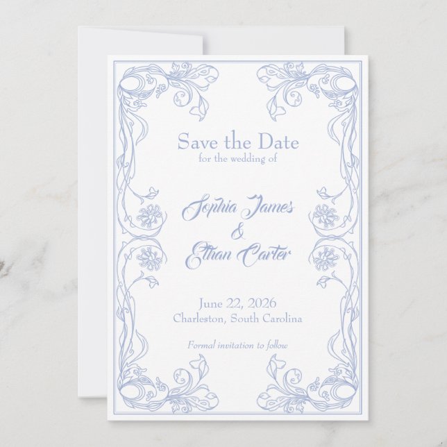 Elegant Save the Date-kort – Blå Ros Filigran Inbjudningar (Framsida)