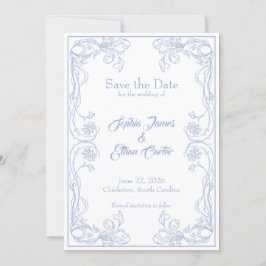 Elegant Save the Date-kort – Blå Ros Filigran Inbjudningar