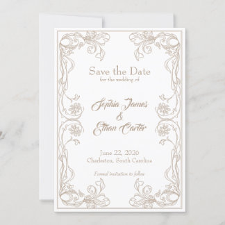 Elegant Save the Date-kort – Sand Rose Filigree Inbjudningar