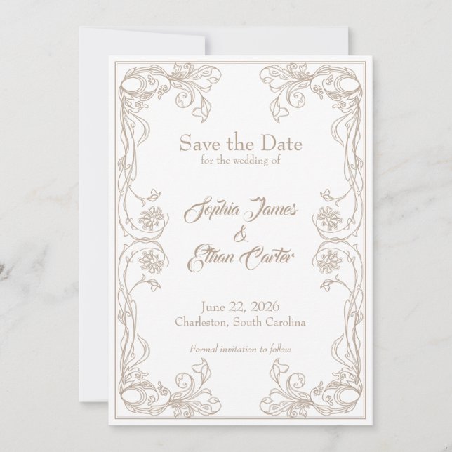 Elegant Save the Date-kort – Sandrosfiligran Inbjudningar (Framsida)