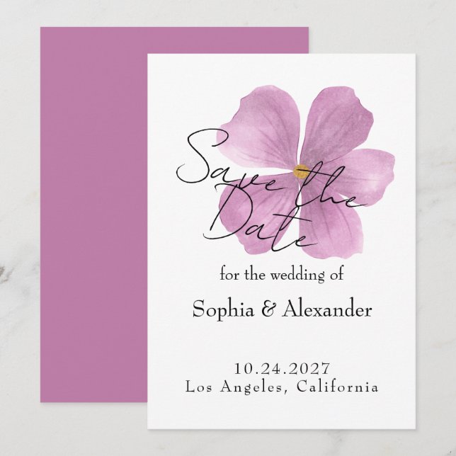 Elegant Save the Date - Lila akvarellblomma Inbjudningar (Fram/baksida)