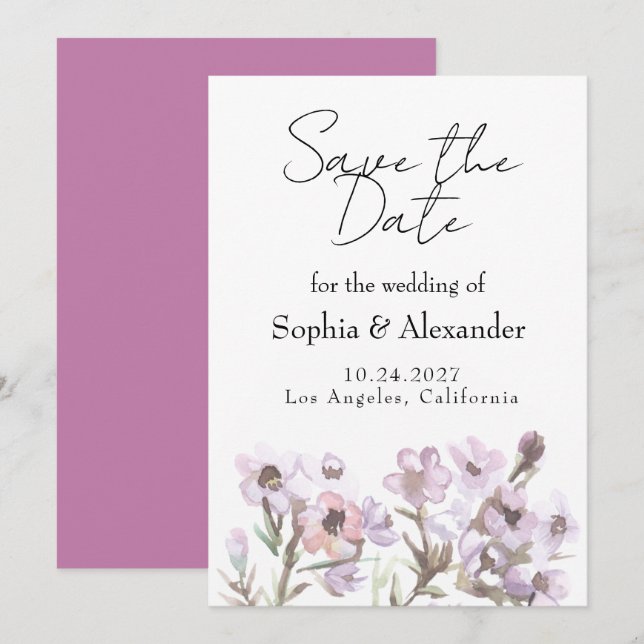 Elegant Save the Date - Lila akvarellblomma Inbjudningar (Fram/baksida)