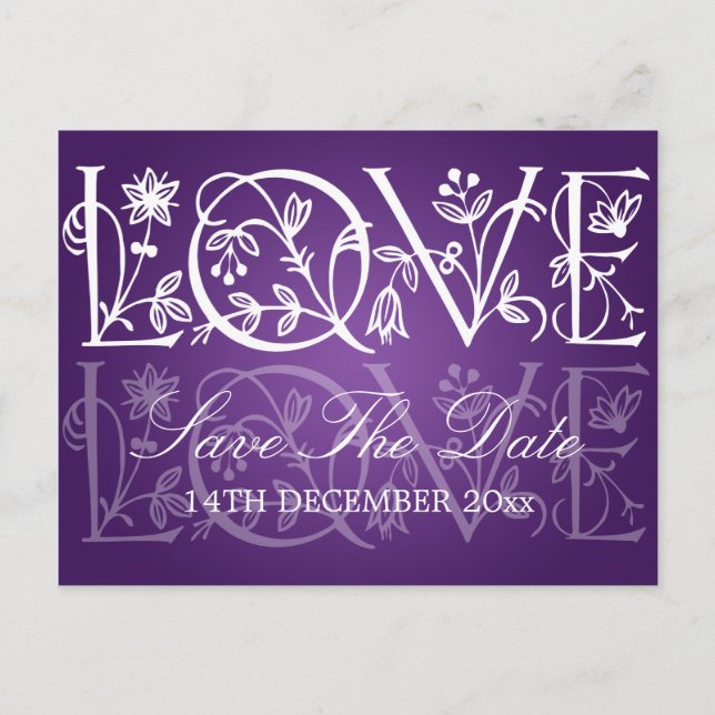 Elegant Save The Date Love Flourish Lila Meddelande Vykort (Framsida)