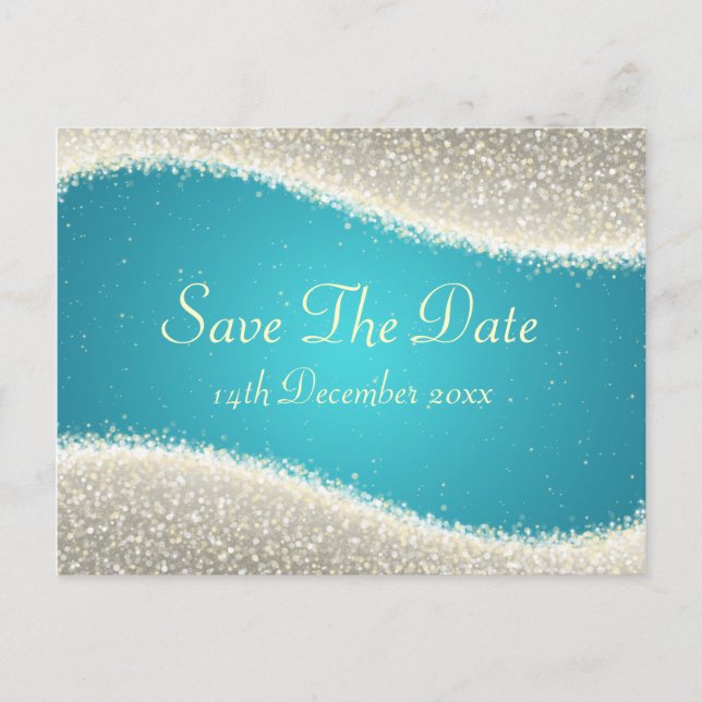 Elegant Save The Date Lysande Glitter Turkos Meddelande Vykort (Framsida)
