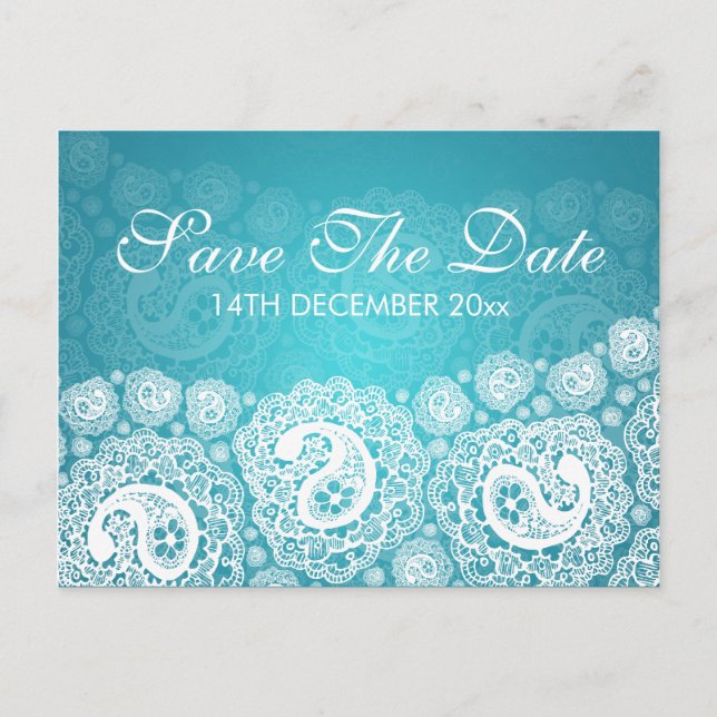 Elegant Save The Date Paisley Lace Blå Meddelande Vykort (Framsida)