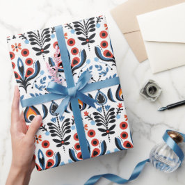 Elegant Scandinavian Blommigt Folk Wrapping Papper Presentpapper