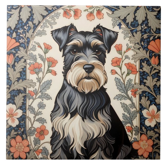 Elegant Schnauzer William Morris Inspired Floral Kakelplatta (Framsidan)