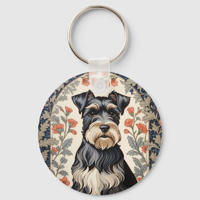Elegant Schnauzer William Morris Inspired Floral Nyckelring (Framsida)
