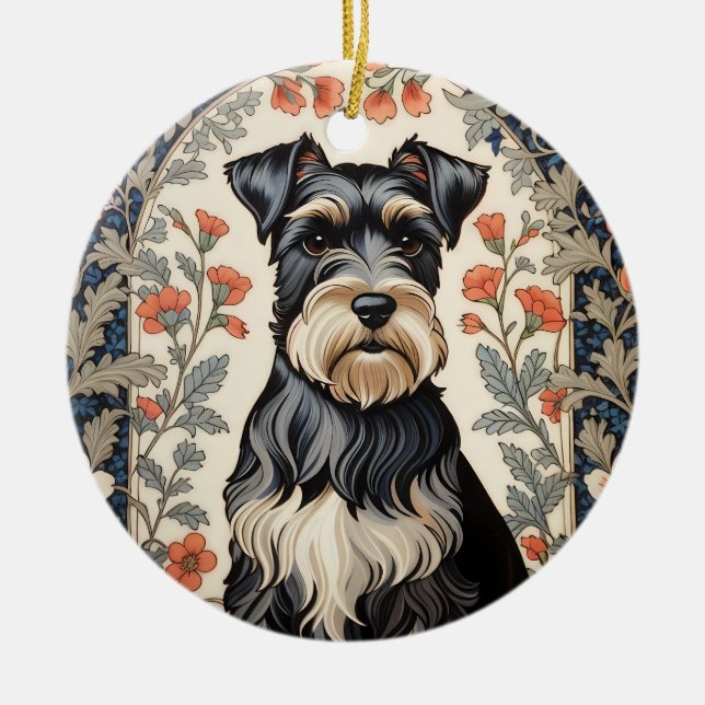 Elegant Schnauzer William Morris Inspirerad Blomma Julgransprydnad Keramik (Framsidan)