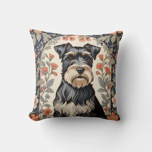 Elegant Schnauzer William Morris Inspirerad Blomma Kudde (Framsida)