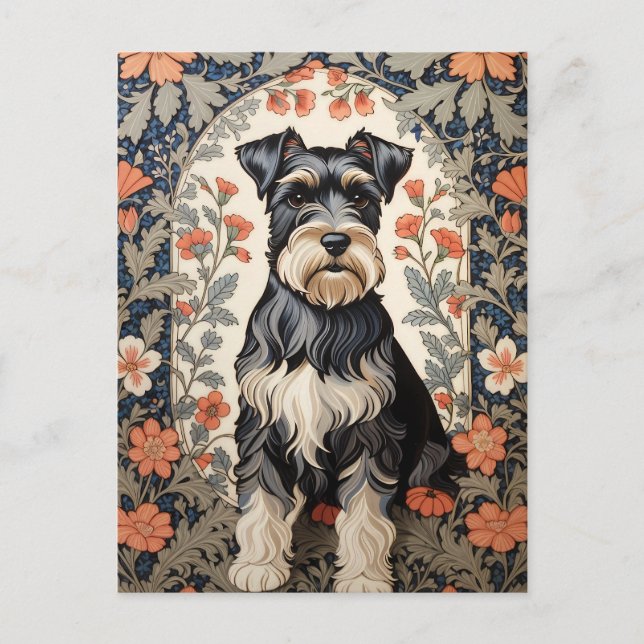 Elegant Schnauzer William Morris-inspirerad blomst Vykort (Framsida)