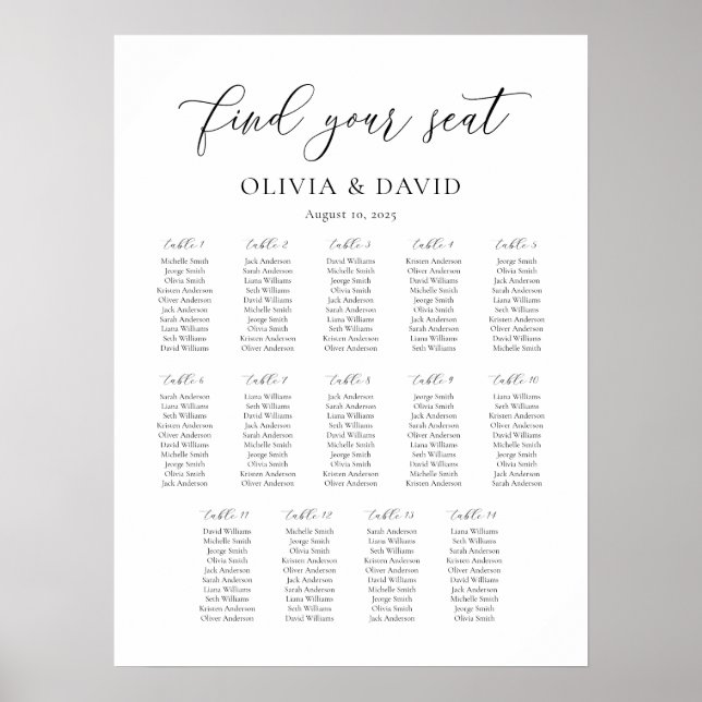 Elegant Script 14 stolsplan Placeringsschema Poster (Framsidan)