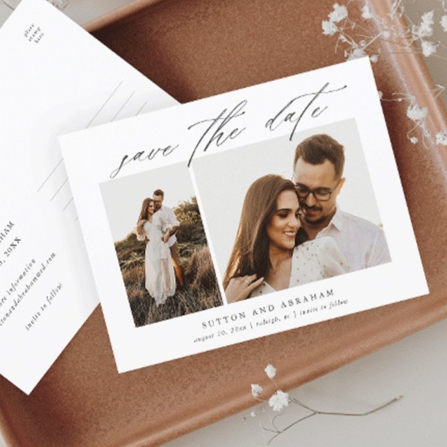 Elegant Script 2 Foto Bröllop Spara Datum Meddelande Vykort (Skapare uppladdad)
