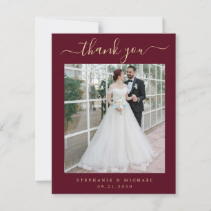 Elegant Script 2 Photo Bröllop Burgundy Guld Tack Kort
