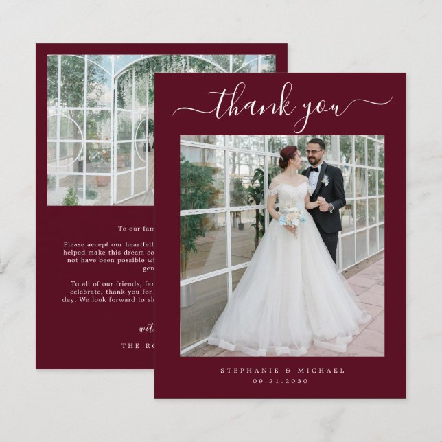 Elegant Script 2 Photo Bröllop Burgundy Tack Kort (Fram/baksida)