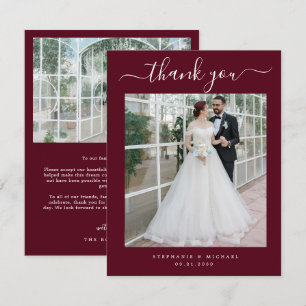Elegant Script 2 Photo Bröllop Burgundy Tack Kort