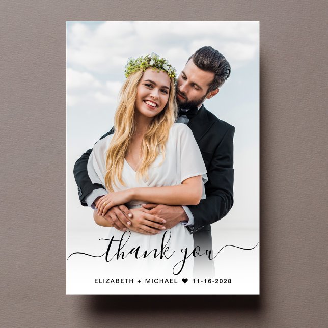 Elegant Script 2 Photo Bröllop Tack Kort (Upload a photo reflecting the love and joy of your wedding day)