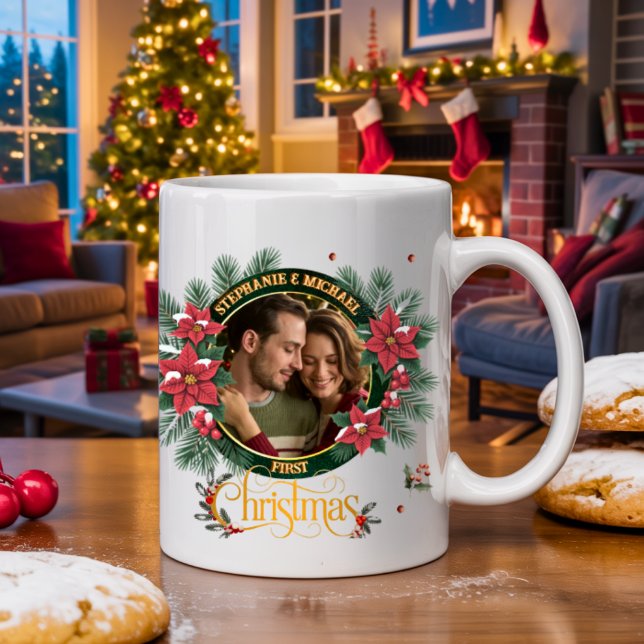 Elegant Script 2 photo Watercolor Christmas Wreath Kaffemugg (Skapare uppladdad)