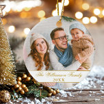 Elegant Script 2 Sida Foto jul Guld Julgransprydnad Keramik<br><div class="desc">Elegant Snyggt Family Photo Guld och White Ornament - 2 foton,  fram och tillbaka. Guld-skript.</div>