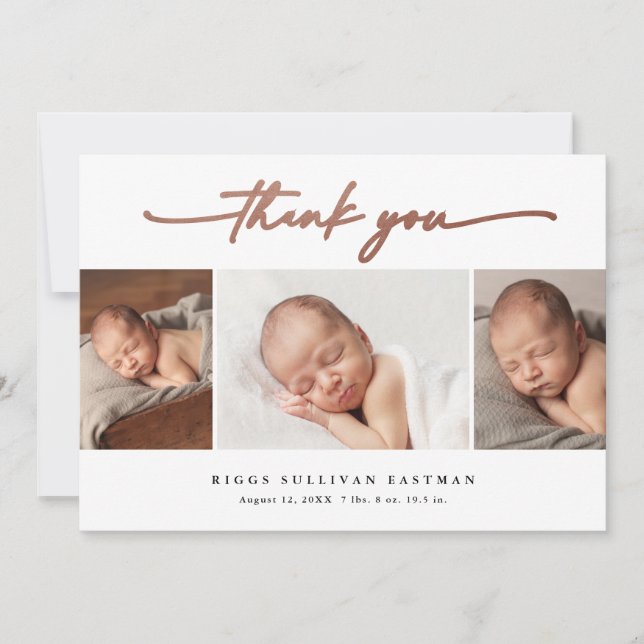 Elegant Script 3 Foto Collage Baby Tack Kort (Framsida)