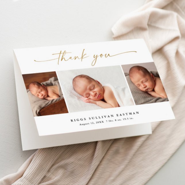 Elegant Script 3 Foto Collage Baby Tack Kort (Elegant gold script calligraphy 3 photo collage baby thank you card.)